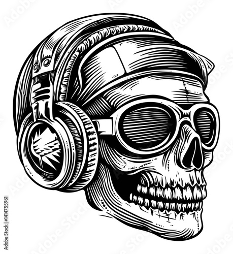 Skull with Headphones and Goggles in Engraving Style Artwork