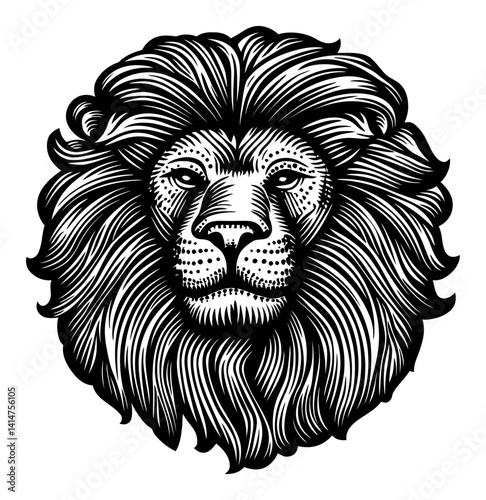 Intricate Black and White Woodcut Illustration of a Lion's Head