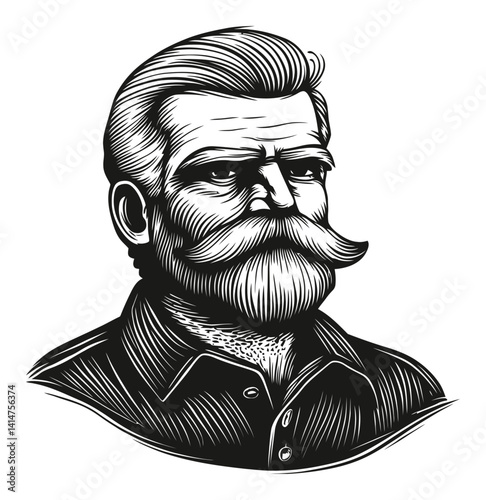 Vintage Woodcut Illustration of a Mustached Man with Stylish Hair