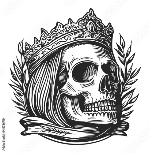Intricate Woodcut Design of Skull with Crown and Floral Elements