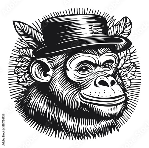 Detailed Woodcut Illustration of a Stylish Monkey with Hat