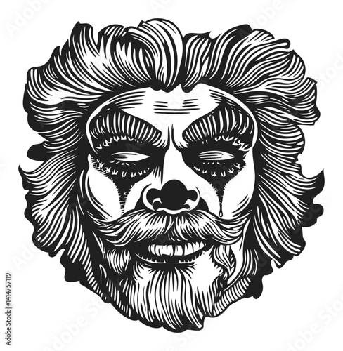 Vintage Woodcut Illustration of a Stylized Clown Face Design
