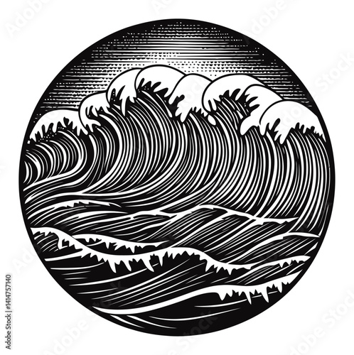 Intricate Black and White Woodcut Illustration of Dynamic Ocean Waves