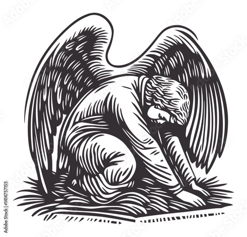 Melancholic Angel Engraving in Woodcut Style with Detailed Wings