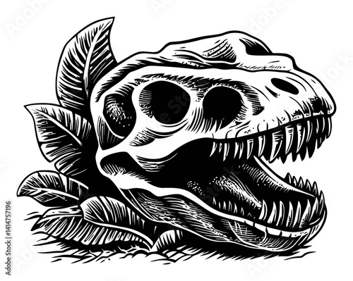 Engraved Woodcut of a Dinosaur Skull Surrounded by Leaves
