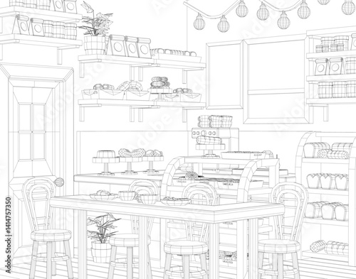 A vector wireframe illustration of a modern cafe interior, featuring a counter, bar stools, shelves with pastries, and potted plants. The design uses clean lines and geometric shapes
