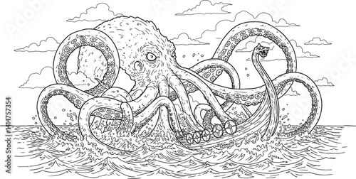 Detailed Line Art Drawing Mythical Kraken Sea Monster Crushing Viking Longship Beneath Waves Illustration