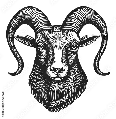 Detailed Woodcut Engraving of a Majestic Goat Head Illustration