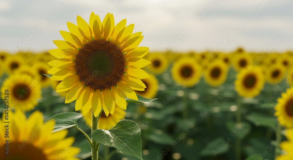 Fototapeta premium Sunflower Field: Vibrant Yellow Blooms in Summer Landscape Photography