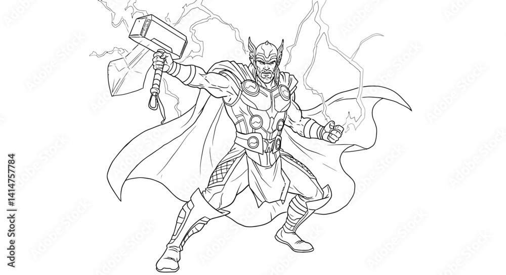 Fototapeta premium High Quality Outline Thor Wielding Mjolnir Mighty Hammer Lightning Bolts Norse God of Thunder Illustration Art