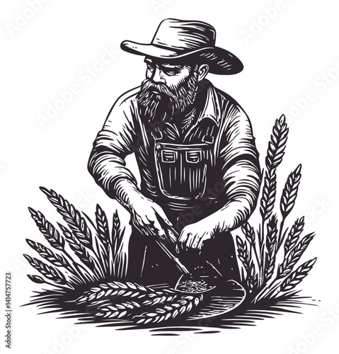 Traditional Farmer Engraving Woodcut with Wheat and Harvest Tools