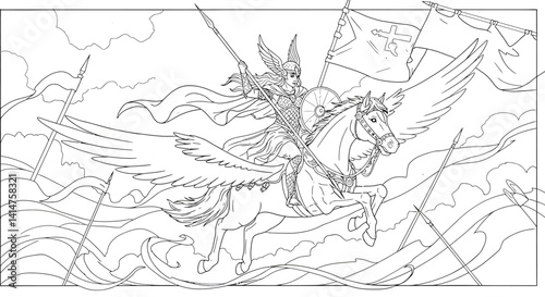 Fierce Valkyrie Riding Flying Horse Holding Spear Shield Norse Mythology Chooser of the Slain Warrior Woman