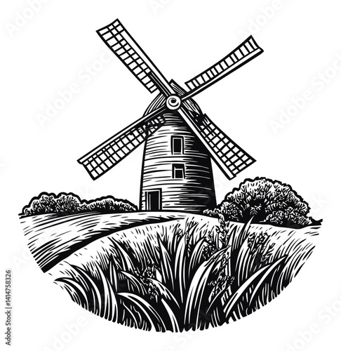 Vintage Engraving of a Traditional Windmill in a Countryside Setting