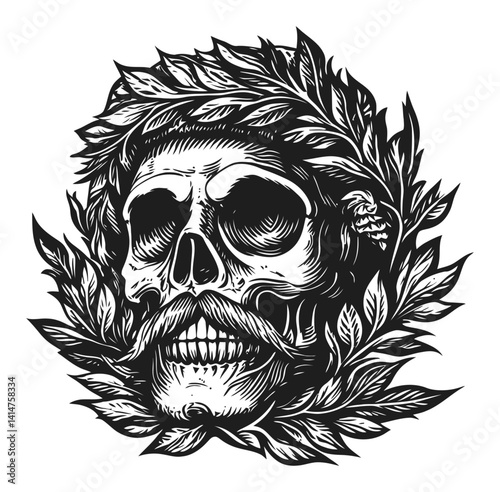 Intricate Skull Design Surrounded by Laurel Leaves in Woodcut Style