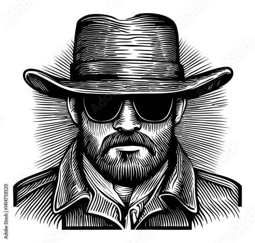 Vintage Woodcut Style Man with Hat and Sunglasses Illustration