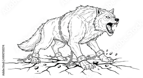 Outline Drawing Fenrir Enormous Wolf Roaring Fiercely Chains Wrapped Legs Norse Mythology Monster Beast Sketch