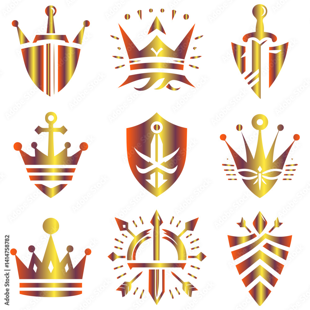 Golden gold-plated fantasy insignia featuring shield, crown, and swords artistic illustration