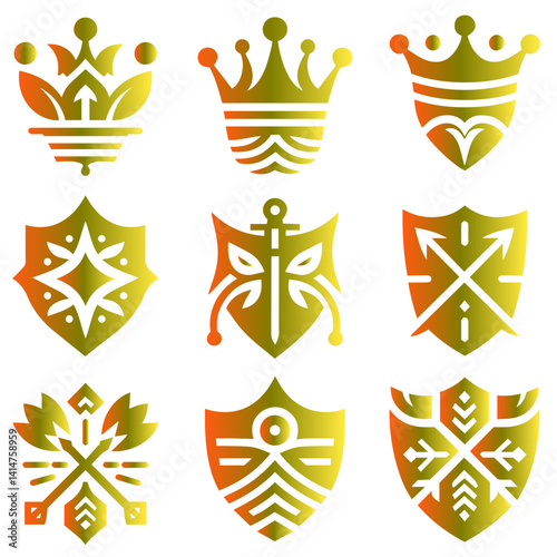 Ravishing gold-plated imperial insignia with crossed swords, shield, and crown elegant graphic