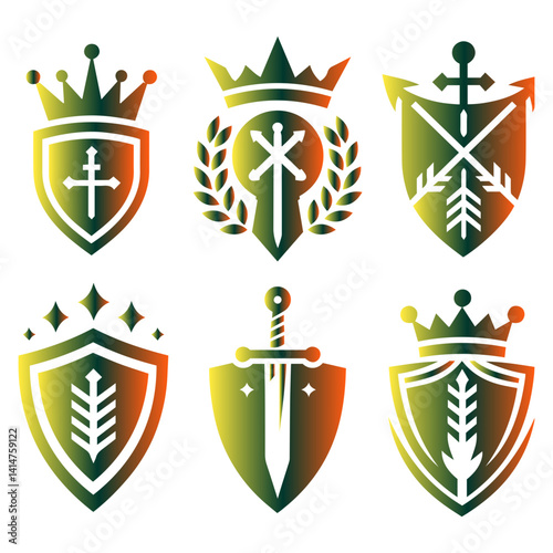 Ornate gold-covered knightly insignia with shield, crown, and swords stylish illustration