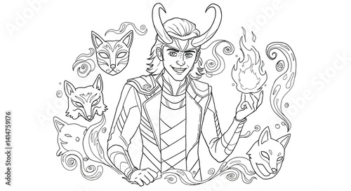 Line Art Drawing Trickster God Loki Grinning Flame Hand Magic Swirls Fox Mask Details Norse Myth Sketch