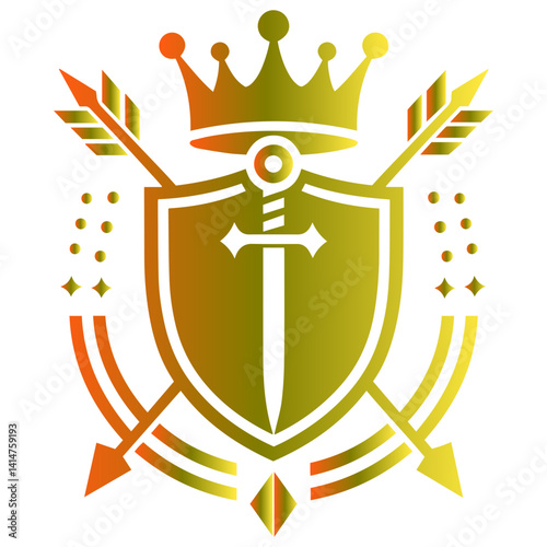 Gilded gold-covered antique crest showcasing shield and royal weapons artistic illustration
