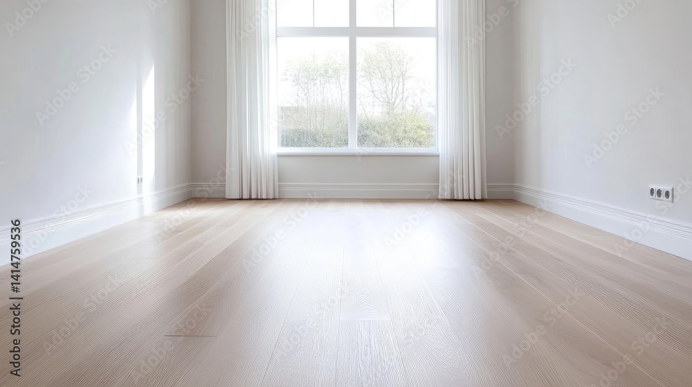 Fototapeta premium Empty room with light beige hardwood floor, large window, and white walls