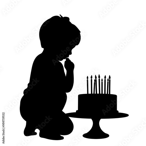 Child Blowing Out Candles on Birthday Cake Silhouette for Celebration Blogs, Party Invitations, Kids' Birthday Themes, and Social Media Graphics