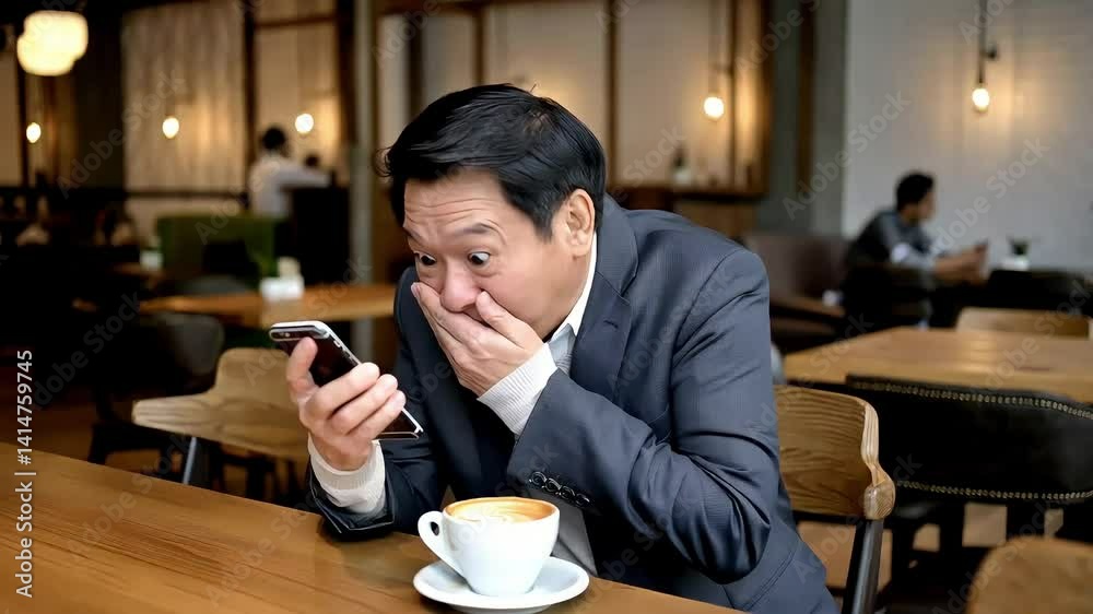 Surprised Asian Man Reacting to Phone Message in Cafe Surprised Asian Man Reacting to Phone Message in Cafe