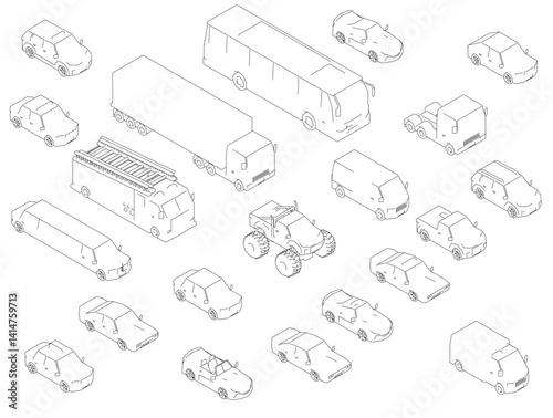 A drawing of a set with many cars and a truck. Vehicles are packed closely together. Isometric view