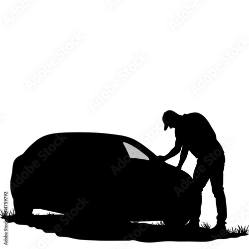 Silhouette of Man Inspecting Car Hood in Grass for Auto Repair Blogs, Vehicle Maintenance Websites, Car Troubleshooting Guides, and Automotive Education Content -