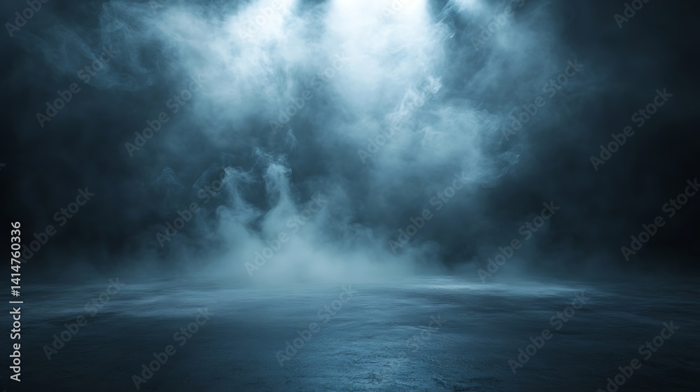 Eerie Blue Mist Over Dark Surface, Mysterious foggy scene with blue mist over a dark surface, creating an eerie atmosphere Eerie Blue Mist Over Dark Surface, Mysterious foggy scene with blue mist over a dark surface, creating an eerie atmosphere