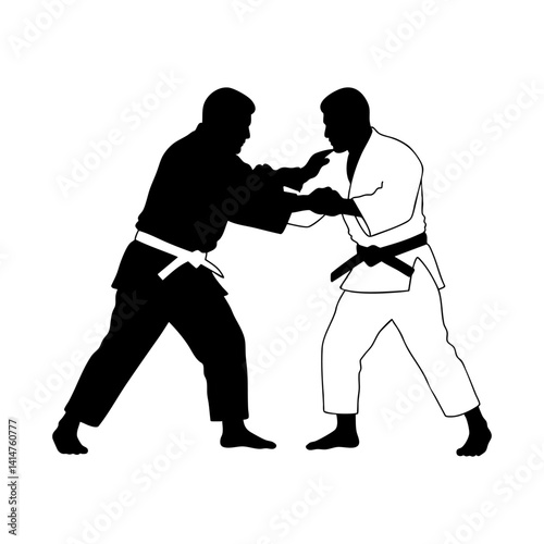 Two judo athletes competing monochrome clip art