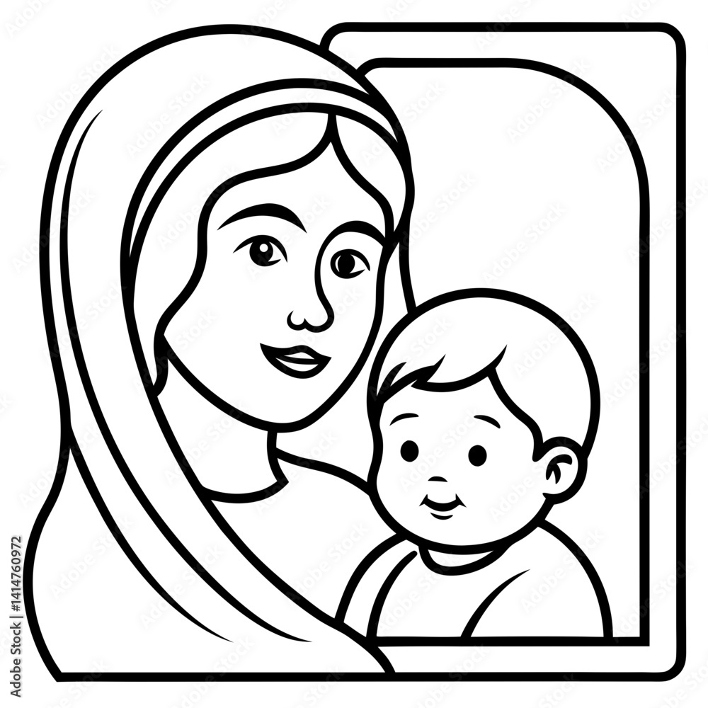 A simple, black and white line art illustration of the Virgin Mary holding the infant Jesus. A simple, black and white line art illustration of the Virgin Mary holding the infant Jesus.