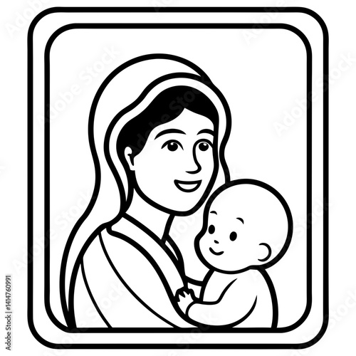 A simple, black and white line art illustration of the Virgin Mary holding the infant Jesus.