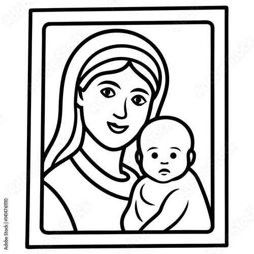A simple, black and white line art illustration of the Virgin Mary holding the infant Jesus.