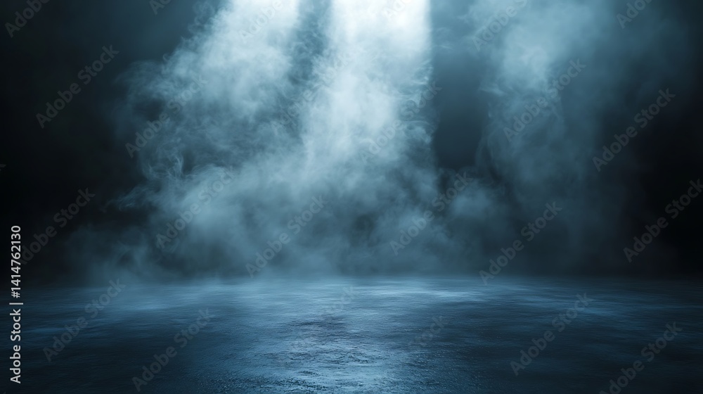 Eerie Blue Mist Over Dark Surface, Mysterious foggy scene with blue mist over a dark surface, creating an eerie atmosphere Eerie Blue Mist Over Dark Surface, Mysterious foggy scene with blue mist over a dark surface, creating an eerie atmosphere