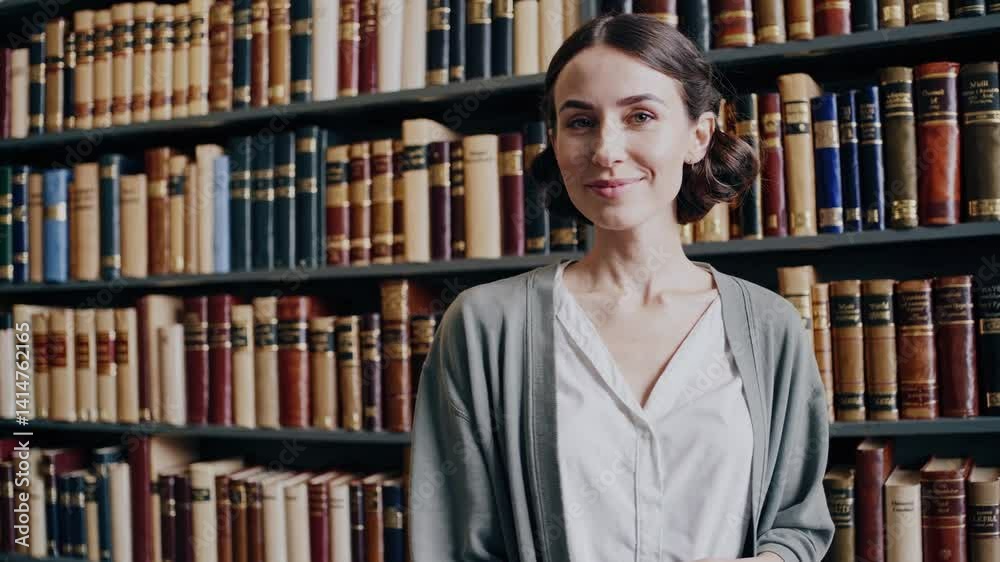 Confident woman in library exploring bookshelves with a warm smile Confident woman in library exploring bookshelves with a warm smile