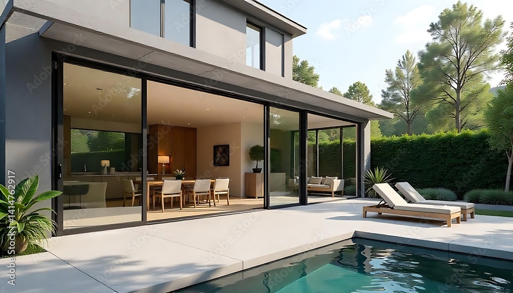 Fototapeta premium Contemporary modern home with sleek sliding glass doors leading to a serene and vibrant garden full of blooming flowers and lush garden. Created with generative ai