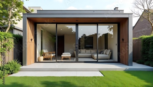 Contemporary modern home with sleek sliding glass doors leading to a serene and vibrant garden full of blooming flowers and lush garden. Created with generative ai