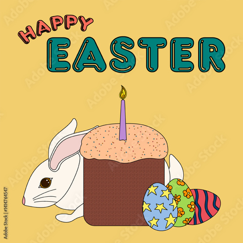Festive Easter greeting card with national religious festive Easter cake - kulich - with candle, and white bunny, decorated Easter eggs on a warm yellow background. Perfect for holiday banner.