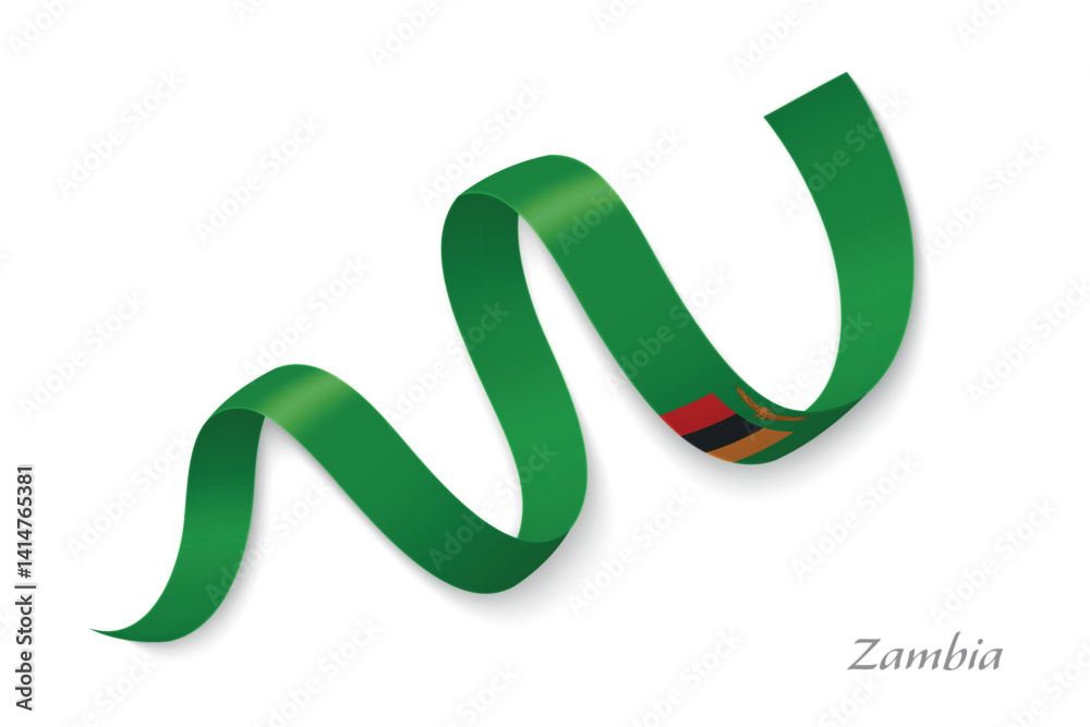 Zambia flag ribbon waving with national colors