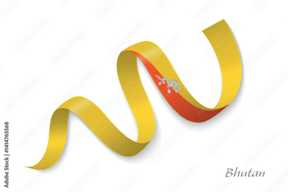 Bhutan flag ribbon waving with national colors