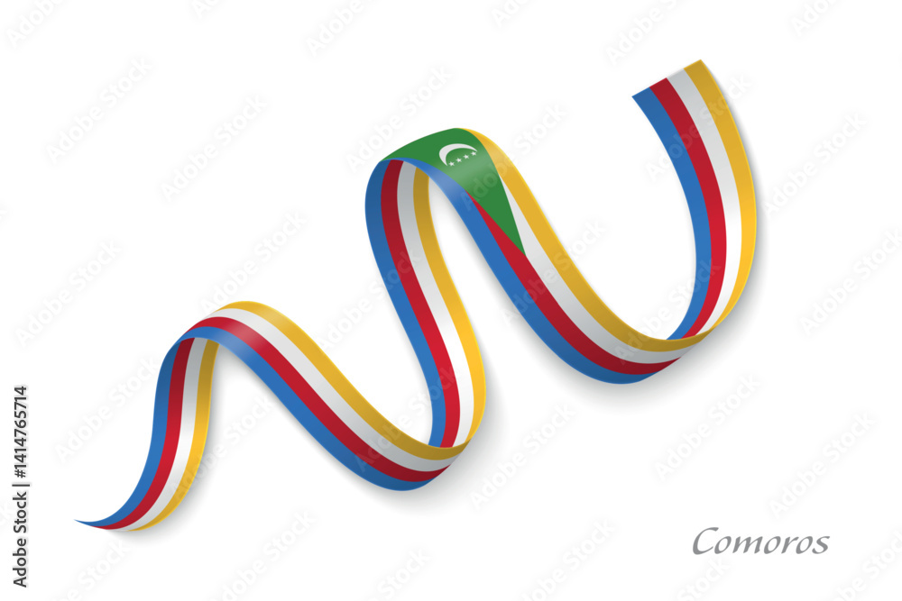Comoros flag ribbon waving with national colors