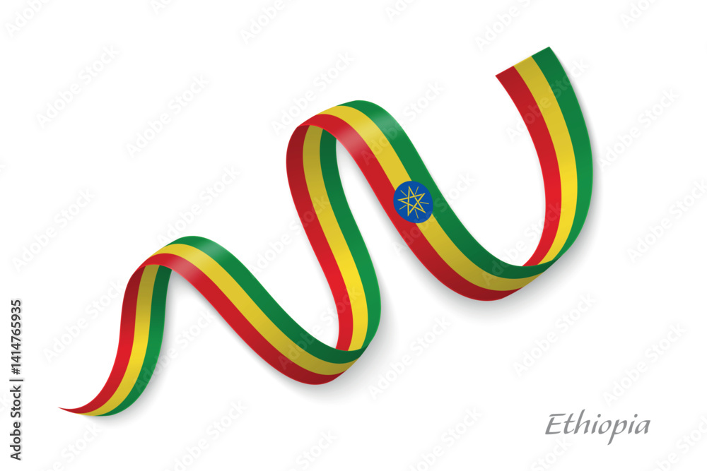 Ethiopia flag ribbon waving with national colors