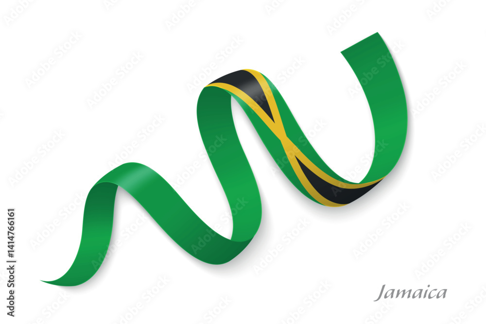 Jamaica flag ribbon waving with national colors