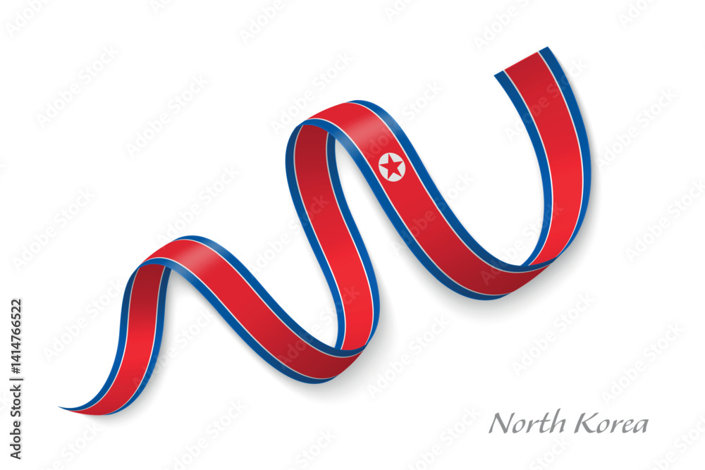 North Korea flag ribbon waving with national colors