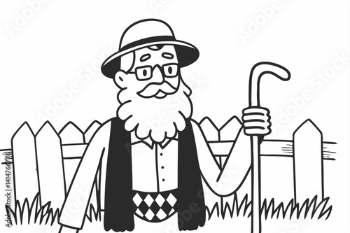 Funny vector cartoon drawing of old people, an old  man with a stick.
