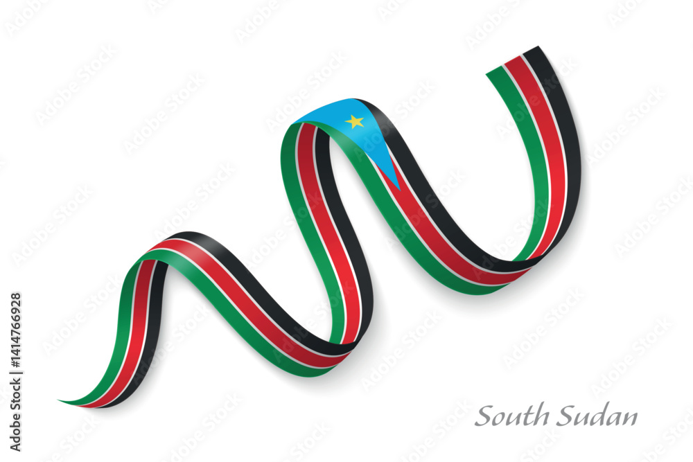 South Sudan flag ribbon waving national with colors