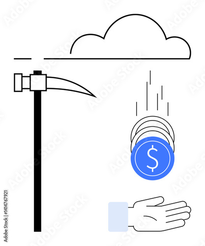 Pickaxe next to cloud, blue coins with dollar signs falling into open hand. Ideal for finance, technology, cloud computing, crypto, digital economy, mining, simple landing page