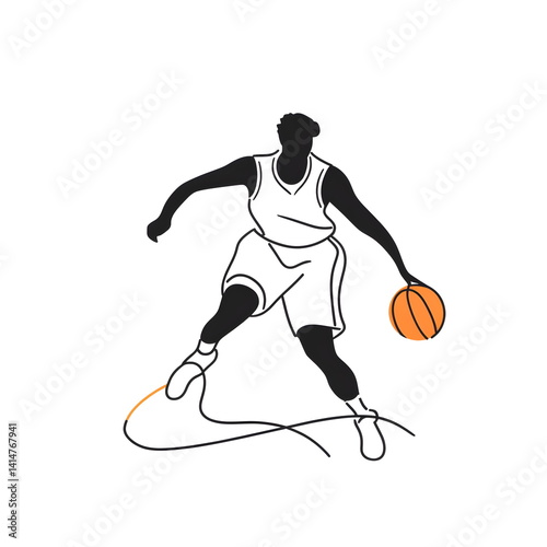Minimalist black and white logo of a basketball player in motion, dribbling or shooting, with curved clean lines, pastel orange ball detail, and energetic linework on a white background.